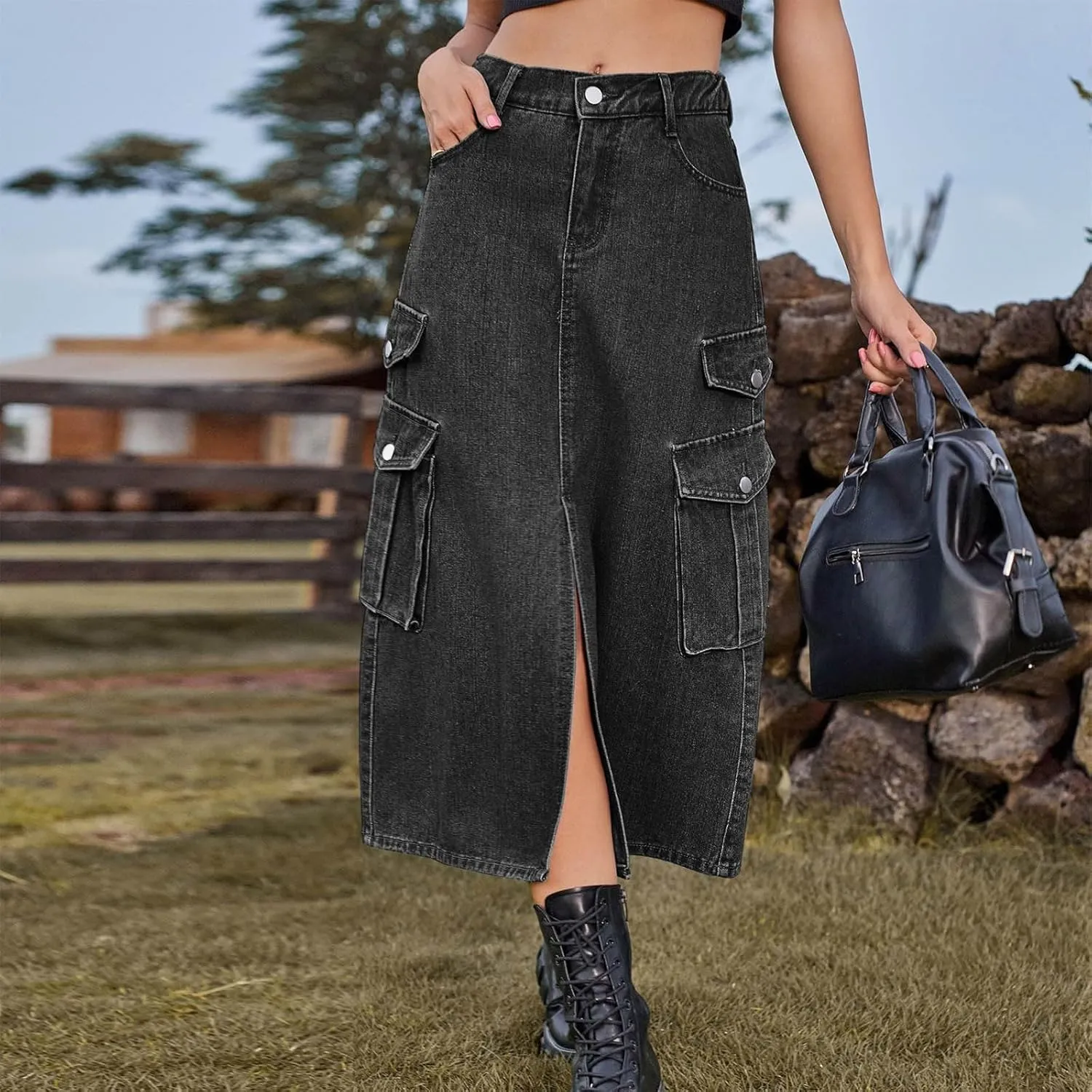 Cargo Skirts for Women Button High Waist Slit Midi Skirt with Pocket Casual Solid Color Jean Skirt