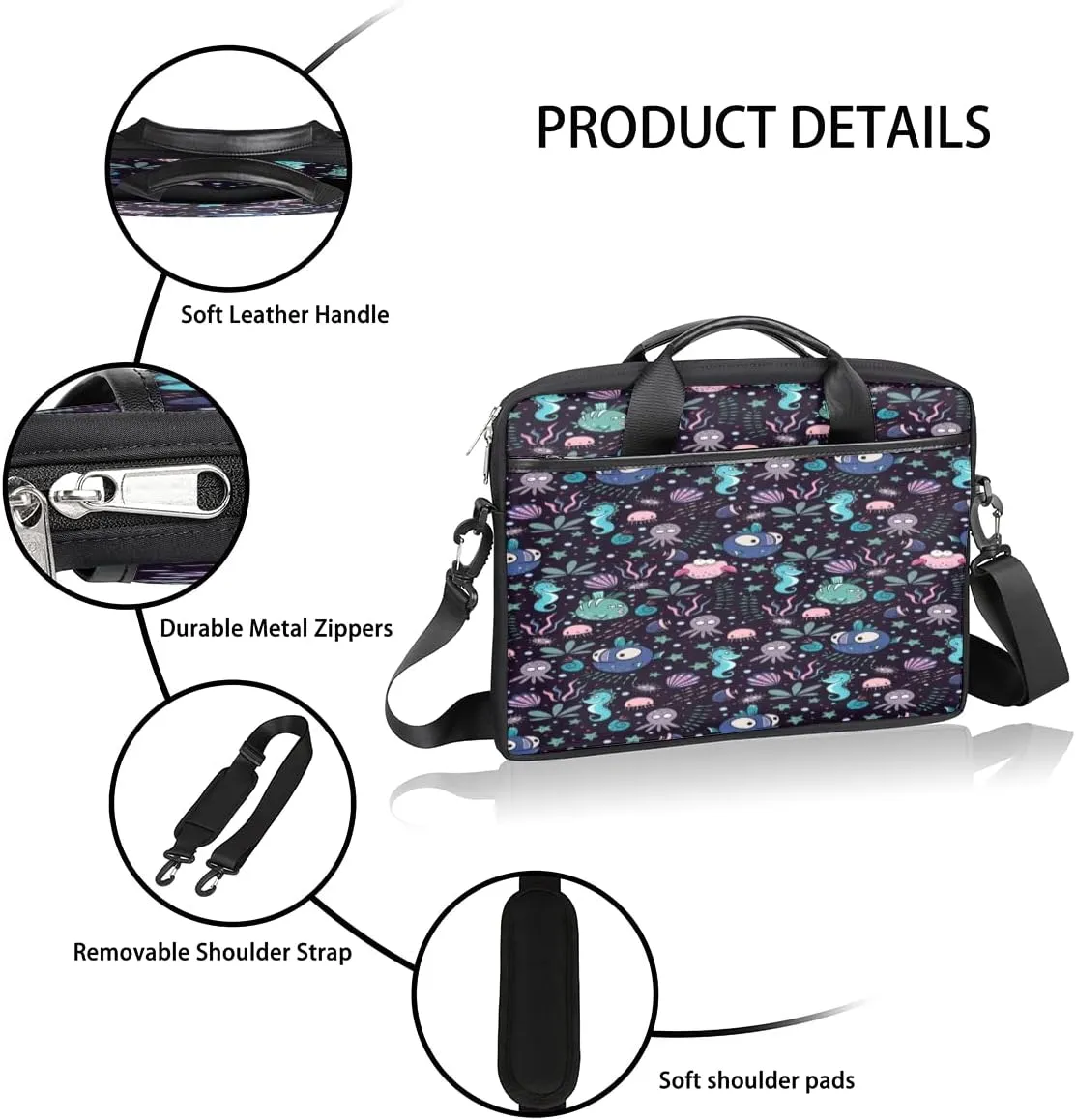 Cartoon Ocean Animal Fish Laptop Shoulder Messenger Bag Waterproof Laptop Briefcase with Handle and Padded Strap Case Sleeve