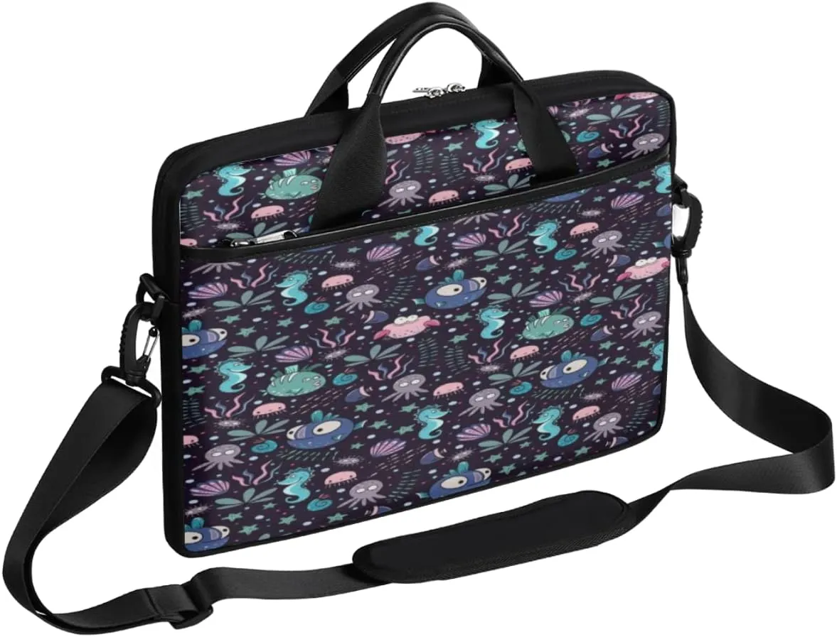 Cartoon Ocean Animal Fish Laptop Shoulder Messenger Bag Waterproof Laptop Briefcase with Handle and Padded Strap Case Sleeve