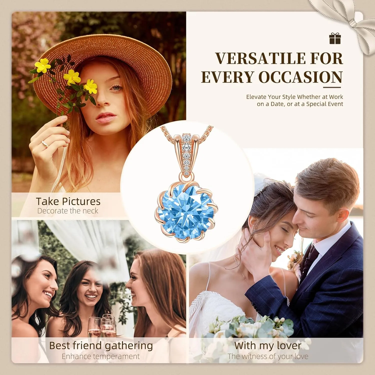 CeaKIev 6.0Carat (12.0mm) Round Cubic Zirconia Pendant Necklace 41 Accent Diamond-Cut Stones 18K Gold Platecd Rose Gold Chain Adjustable (18" 2") Womens Necklace