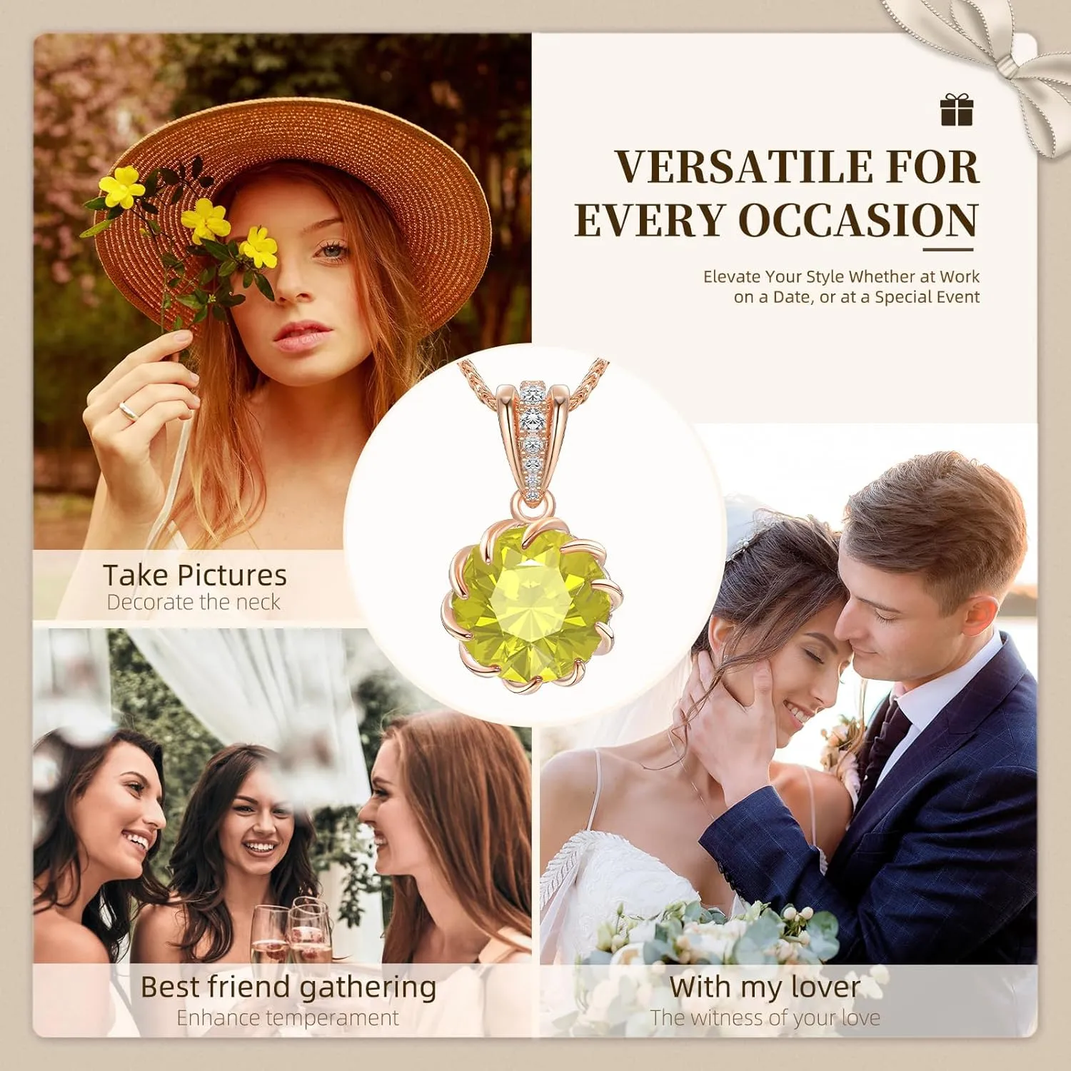 CeaKIev 6.0Carat (12.0mm) Round Cubic Zirconia Pendant Necklace 41 Accent Diamond-Cut Stones 18K Gold Platecd Rose Gold Chain Adjustable (18" 2") Womens Necklace