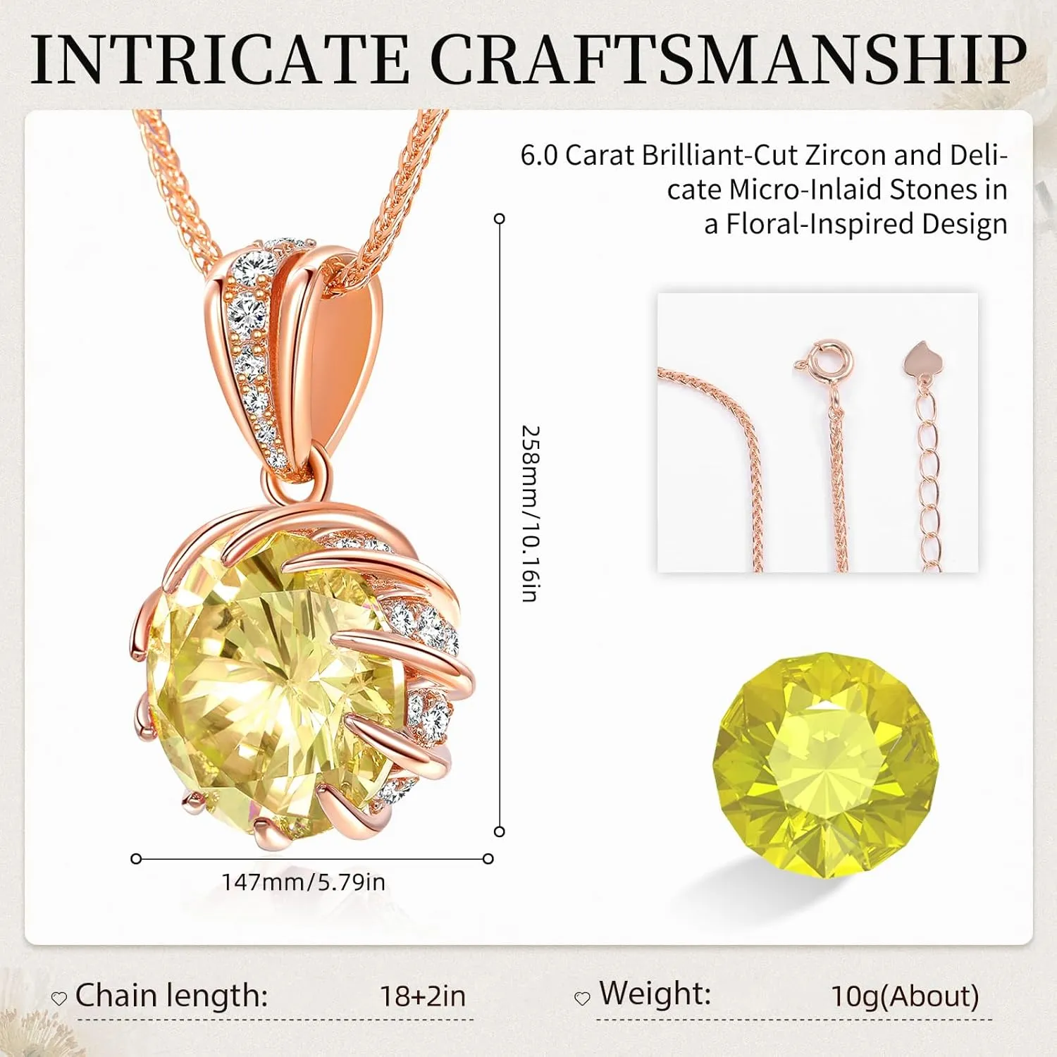 CeaKIev 6.0Carat (12.0mm) Round Cubic Zirconia Pendant Necklace 41 Accent Diamond-Cut Stones 18K Gold Platecd Rose Gold Chain Adjustable (18" 2") Womens Necklace