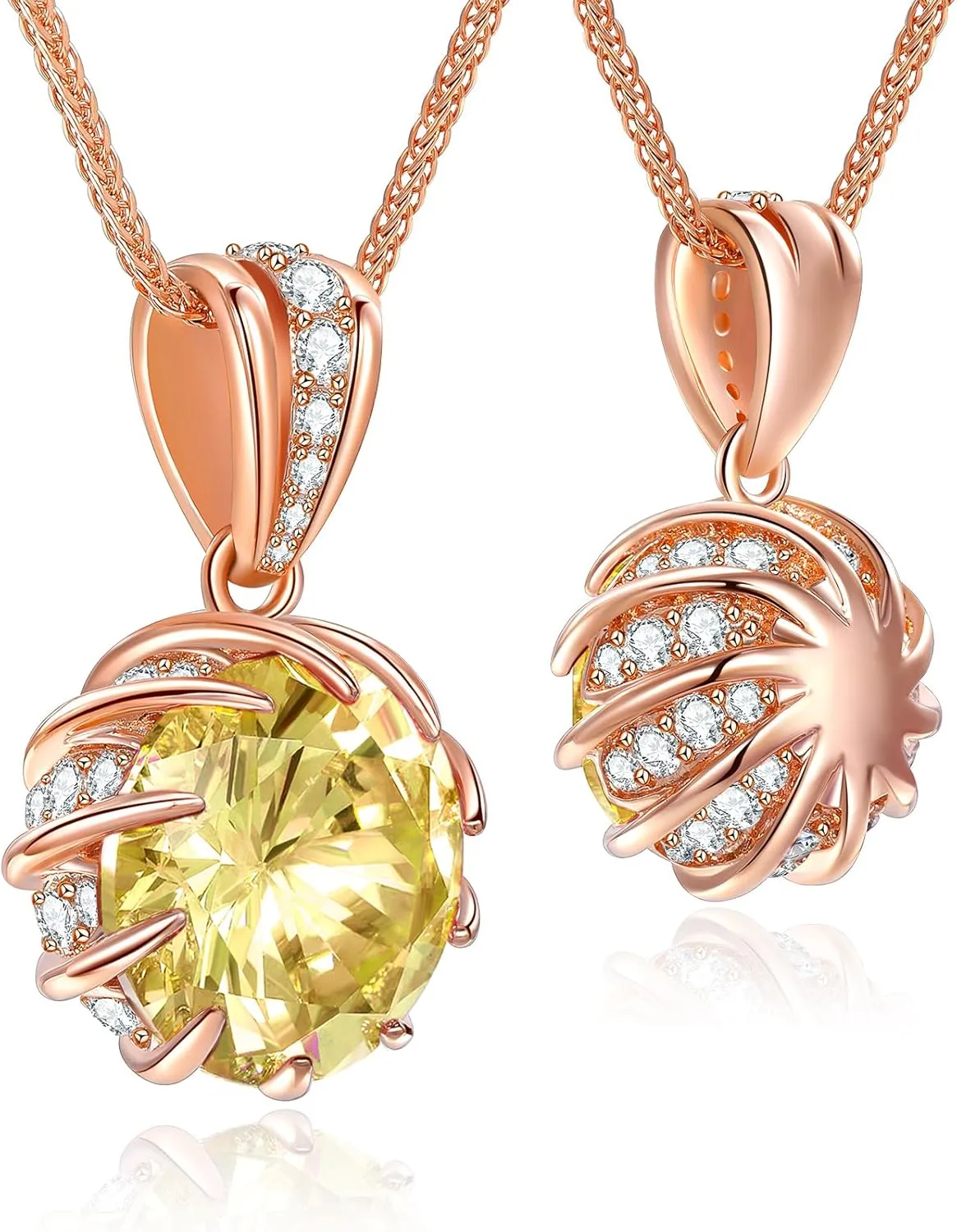 CeaKIev 6.0Carat (12.0mm) Round Cubic Zirconia Pendant Necklace 41 Accent Diamond-Cut Stones 18K Gold Platecd Rose Gold Chain Adjustable (18" 2") Womens Necklace