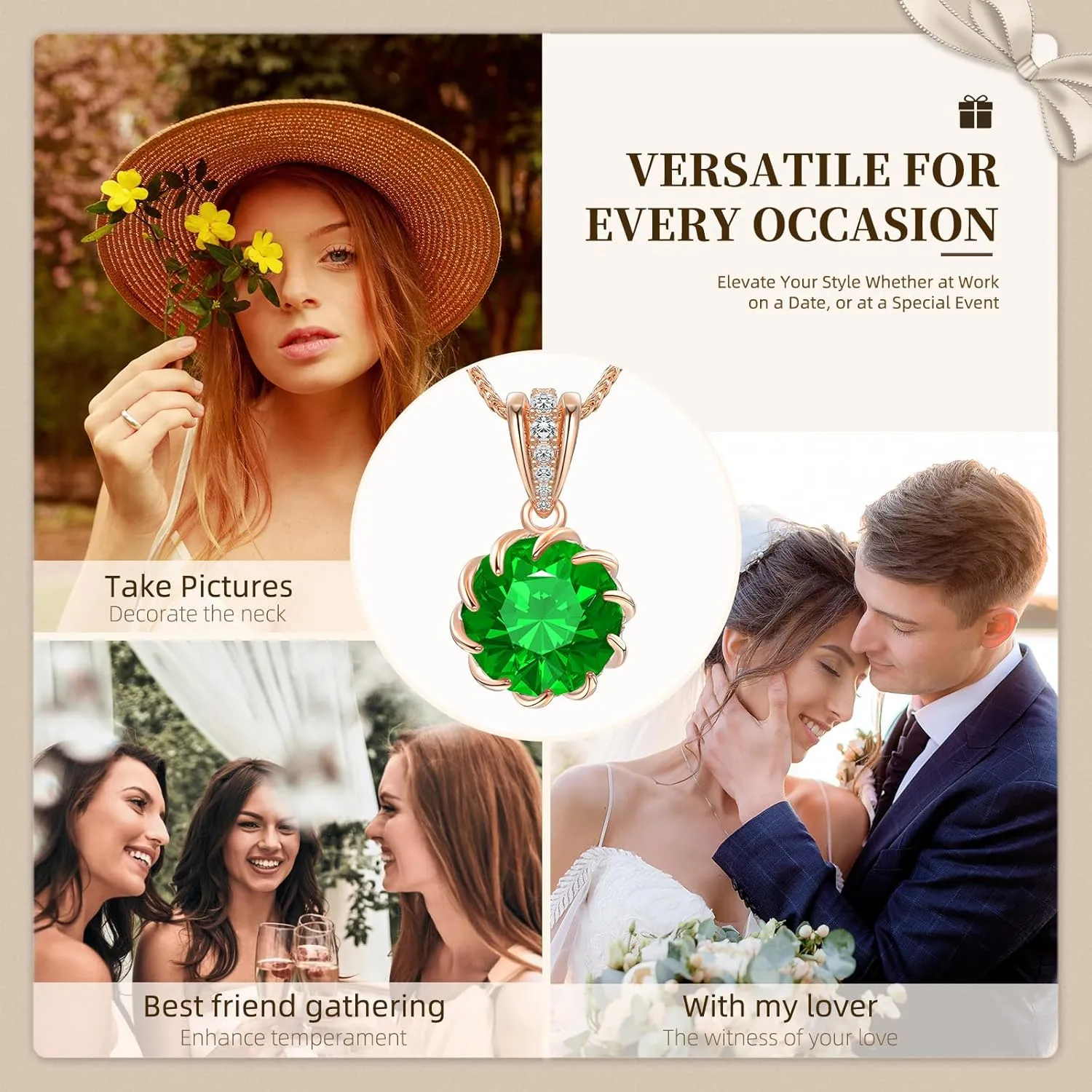 CeaKIev 6.0Carat (12.0mm) Round Cubic Zirconia Pendant Necklace 41 Accent Diamond-Cut Stones 18K Gold Platecd Rose Gold Chain Adjustable (18" 2") Womens Necklace
