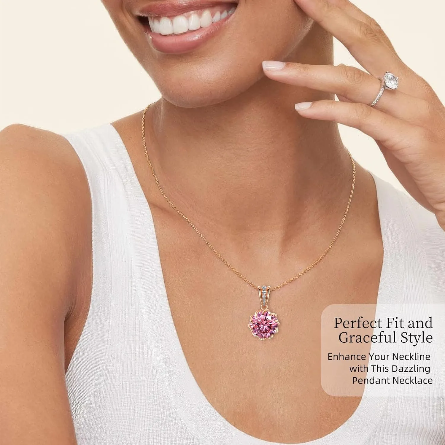 CeaKIev 6.0Carat (12.0mm) Round Cubic Zirconia Pendant Necklace 41 Accent Diamond-Cut Stones 18K Gold Platecd Rose Gold Chain Adjustable (18" 2") Womens Necklace