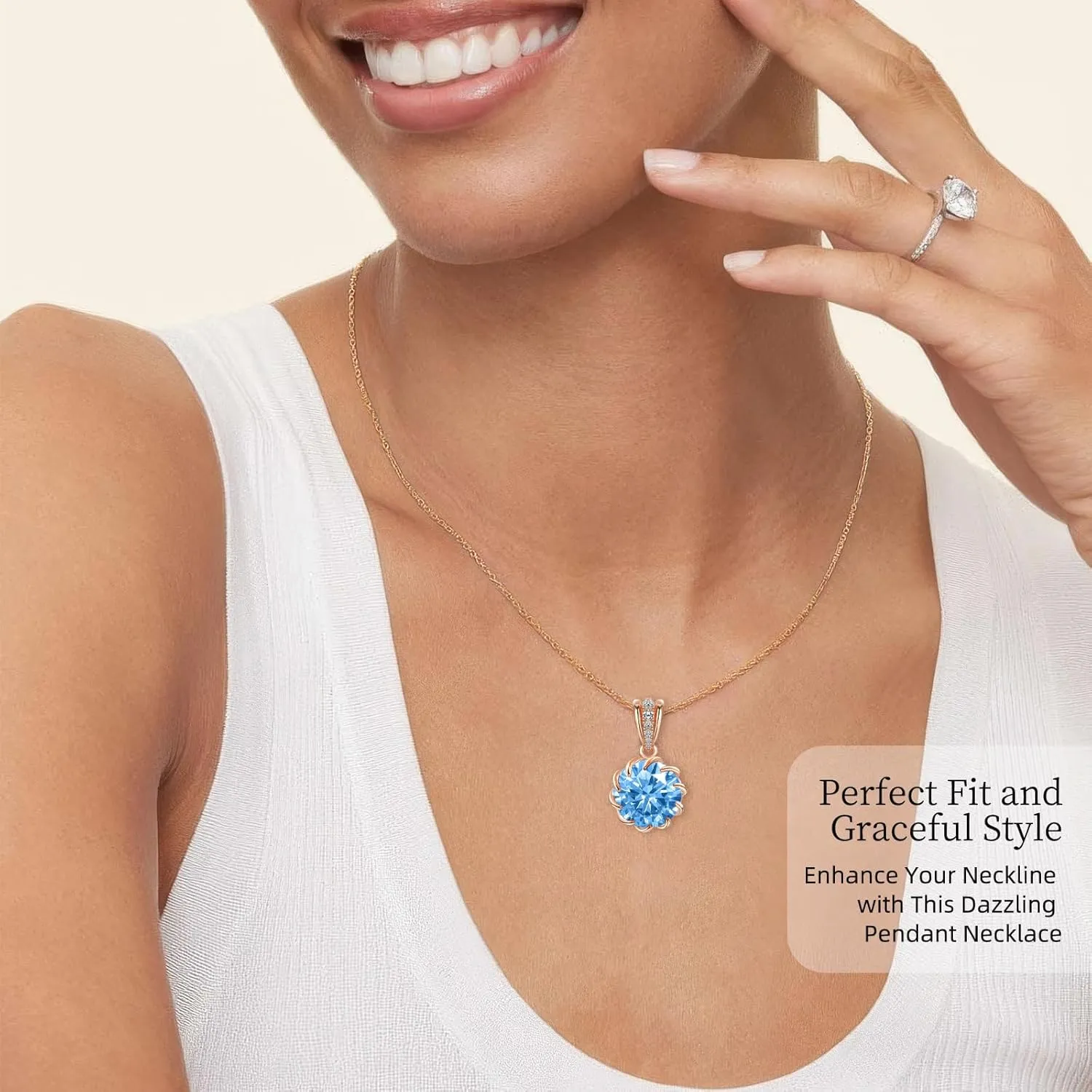 CeaKIev 6.0Carat (12.0mm) Round Cubic Zirconia Pendant Necklace 41 Accent Diamond-Cut Stones 18K Gold Platecd Rose Gold Chain Adjustable (18" 2") Womens Necklace