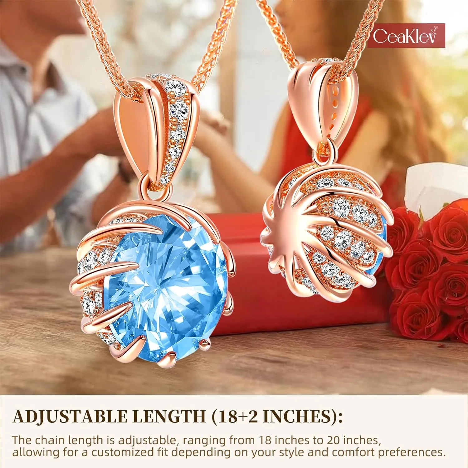 CeaKIev 6.0Carat (12.0mm) Round Cubic Zirconia Pendant Necklace 41 Accent Diamond-Cut Stones 18K Gold Platecd Rose Gold Chain Adjustable (18" 2") Womens Necklace