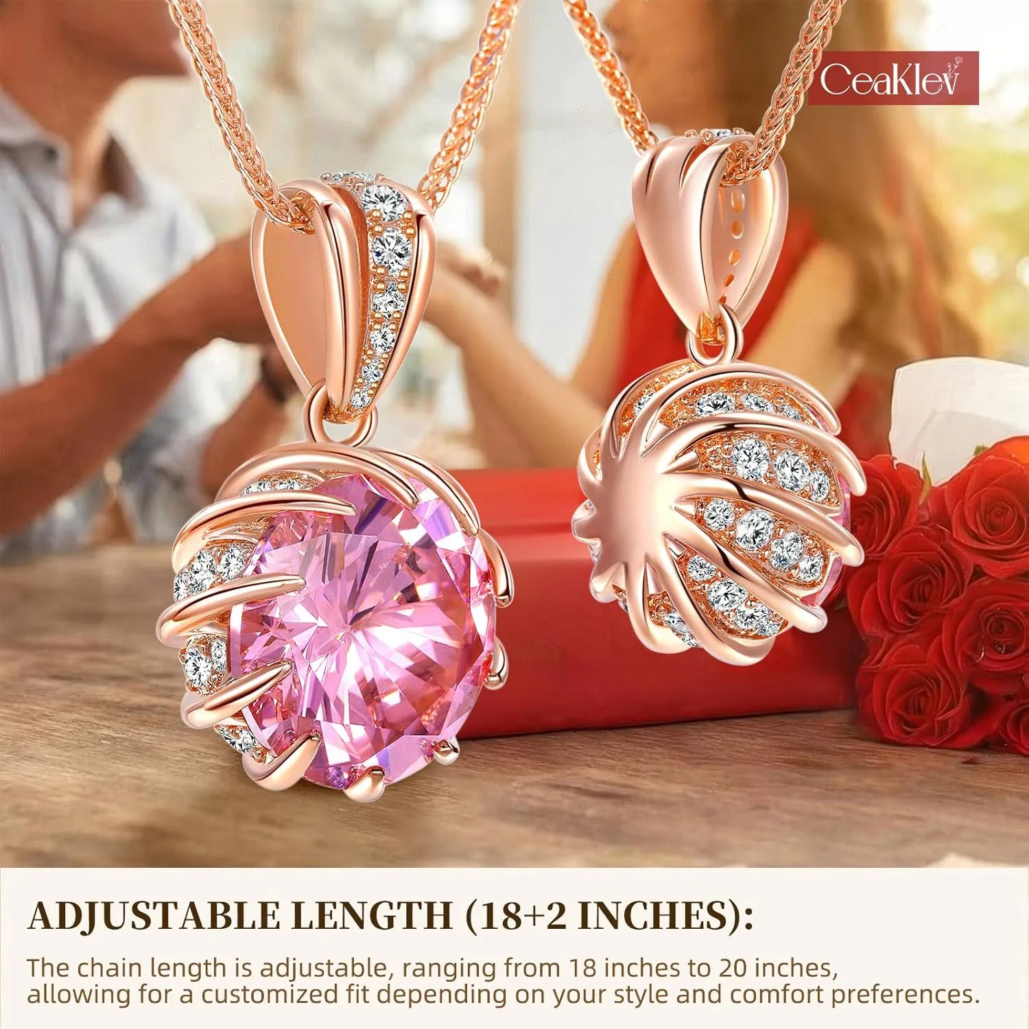 CeaKIev 6.0Carat (12.0mm) Round Cubic Zirconia Pendant Necklace 41 Accent Diamond-Cut Stones 18K Gold Platecd Rose Gold Chain Adjustable (18" 2") Womens Necklace