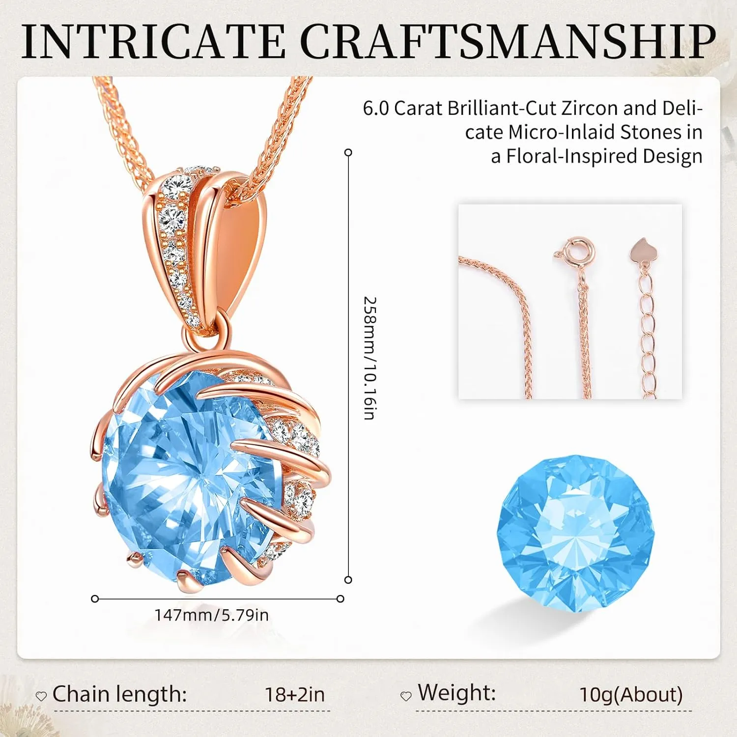 CeaKIev 6.0Carat (12.0mm) Round Cubic Zirconia Pendant Necklace 41 Accent Diamond-Cut Stones 18K Gold Platecd Rose Gold Chain Adjustable (18" 2") Womens Necklace