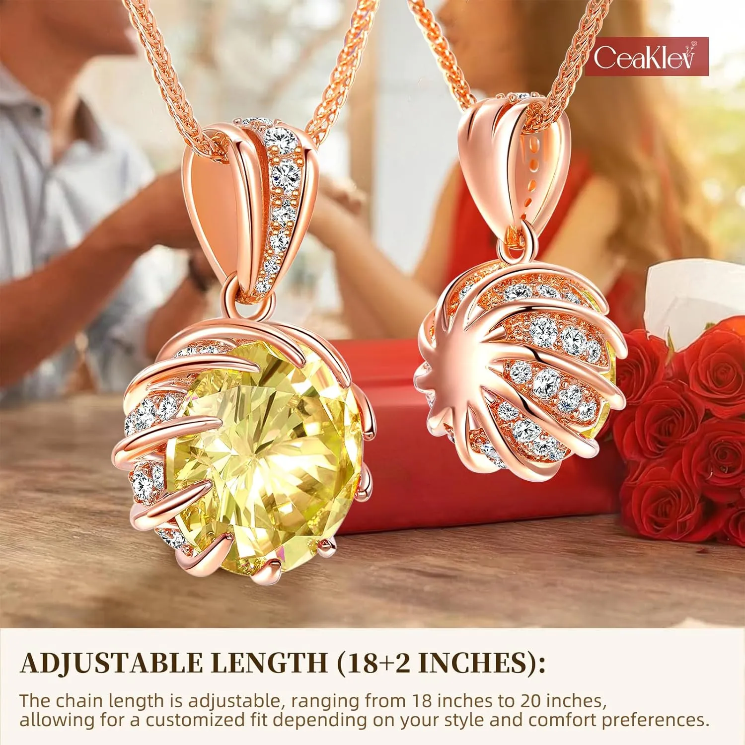 CeaKIev 6.0Carat (12.0mm) Round Cubic Zirconia Pendant Necklace 41 Accent Diamond-Cut Stones 18K Gold Platecd Rose Gold Chain Adjustable (18" 2") Womens Necklace