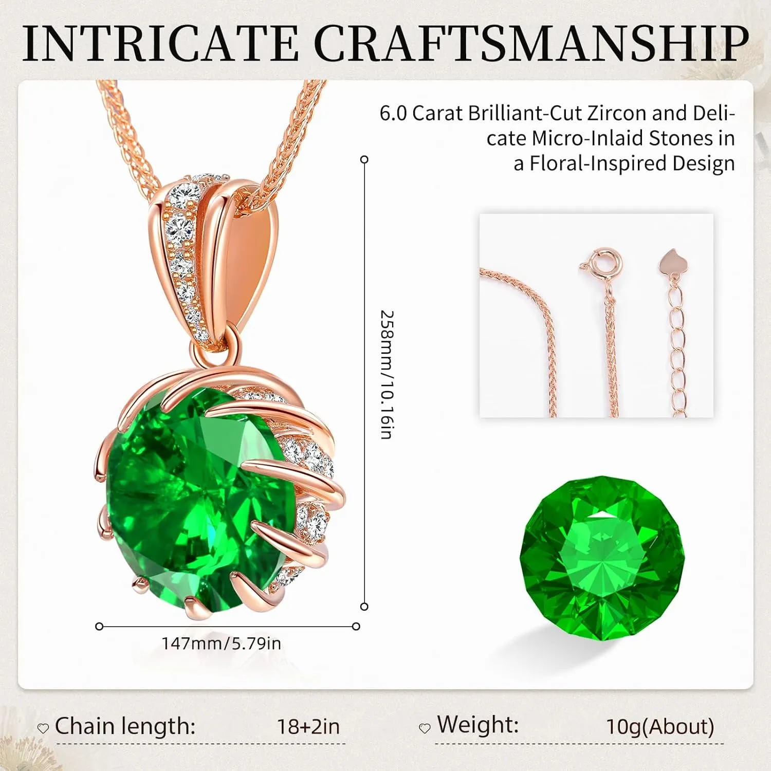 CeaKIev 6.0Carat (12.0mm) Round Cubic Zirconia Pendant Necklace 41 Accent Diamond-Cut Stones 18K Gold Platecd Rose Gold Chain Adjustable (18" 2") Womens Necklace