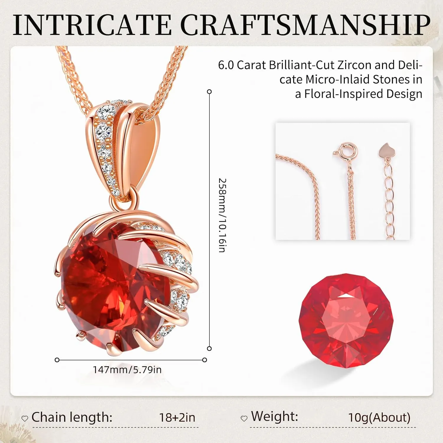 CeaKIev 6.0Carat (12.0mm) Round Cubic Zirconia Pendant Necklace 41 Accent Diamond-Cut Stones 18K Gold Platecd Rose Gold Chain Adjustable (18" 2") Womens Necklace