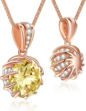 CeaKIev 6.0Carat (12.0mm) Round Cubic Zirconia Pendant Necklace 41 Accent Diamond-Cut Stones 18K Gold Platecd Rose Gold Chain Adjustable (18" 2") Womens Necklace