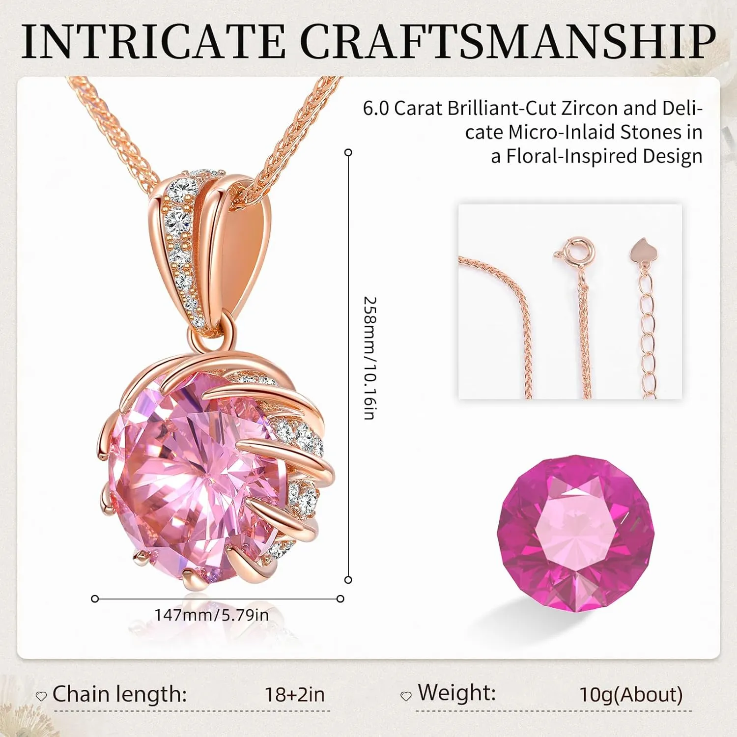 CeaKIev 6.0Carat (12.0mm) Round Cubic Zirconia Pendant Necklace 41 Accent Diamond-Cut Stones 18K Gold Platecd Rose Gold Chain Adjustable (18" 2") Womens Necklace