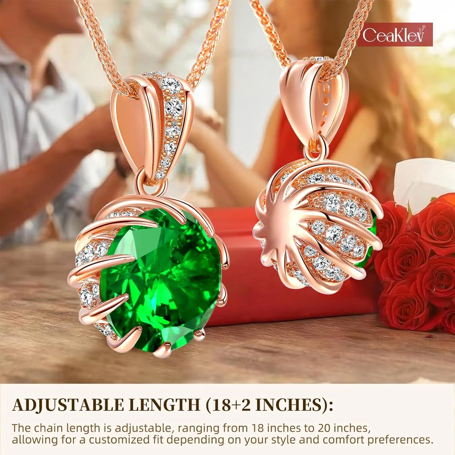 CeaKIev 6.0Carat (12.0mm) Round Cubic Zirconia Pendant Necklace 41 Accent Diamond-Cut Stones 18K Gold Platecd Rose Gold Chain Adjustable (18" 2") Womens Necklace