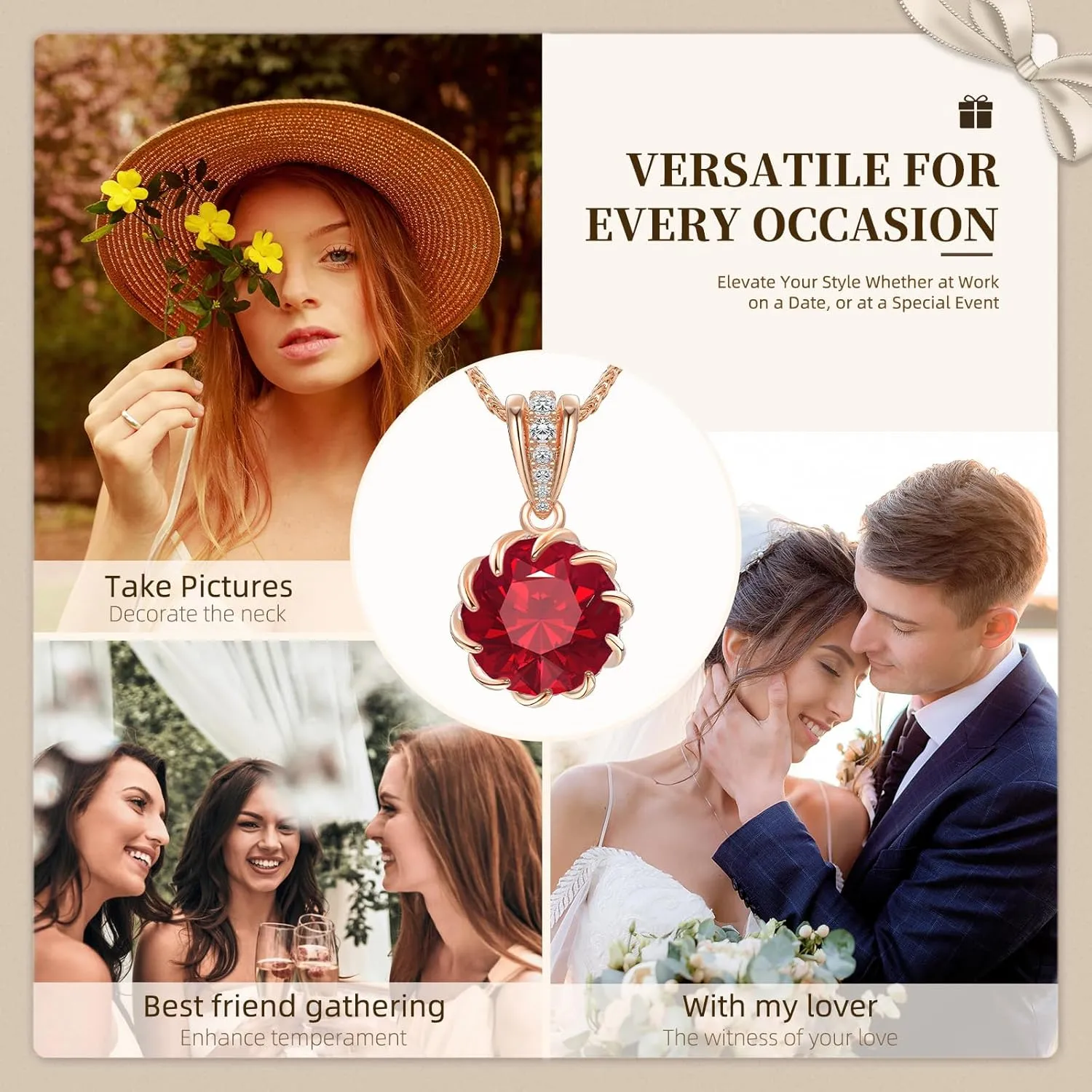 CeaKIev 6.0Carat (12.0mm) Round Cubic Zirconia Pendant Necklace 41 Accent Diamond-Cut Stones 18K Gold Platecd Rose Gold Chain Adjustable (18" 2") Womens Necklace