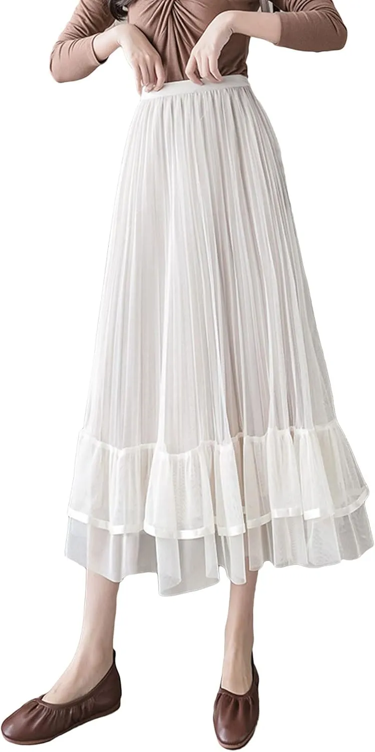 CHARTOU Women's Cute Elastic Waist Sheer Mesh Tulle Flowy Pleated A-Line Midi Skirt