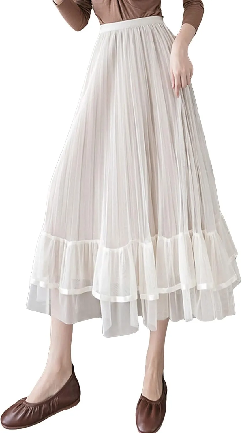CHARTOU Women's Cute Elastic Waist Sheer Mesh Tulle Flowy Pleated A-Line Midi Skirt