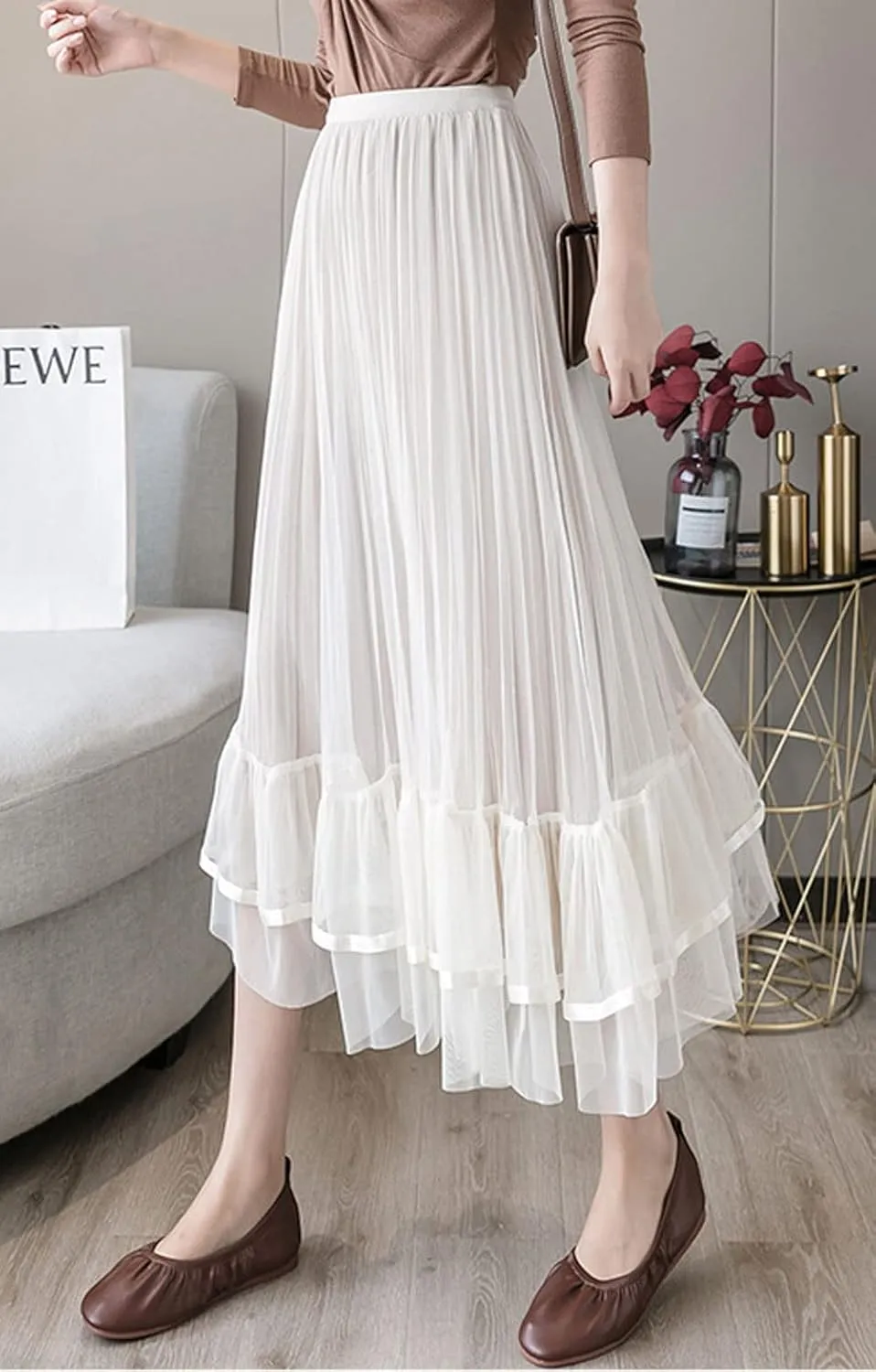 CHARTOU Women's Cute Elastic Waist Sheer Mesh Tulle Flowy Pleated A-Line Midi Skirt