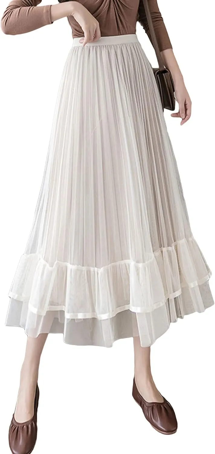 CHARTOU Women's Cute Elastic Waist Sheer Mesh Tulle Flowy Pleated A-Line Midi Skirt