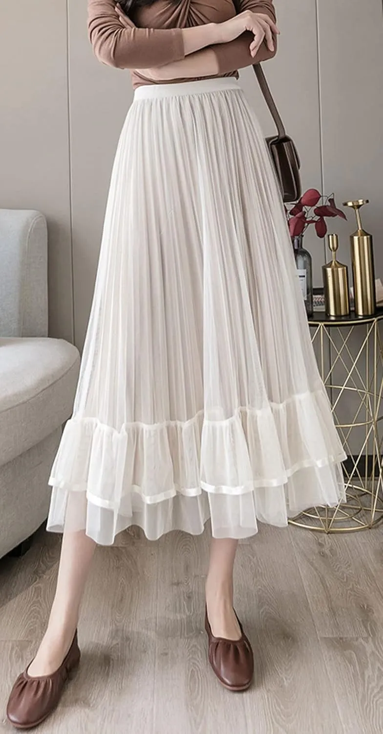 CHARTOU Women's Cute Elastic Waist Sheer Mesh Tulle Flowy Pleated A-Line Midi Skirt