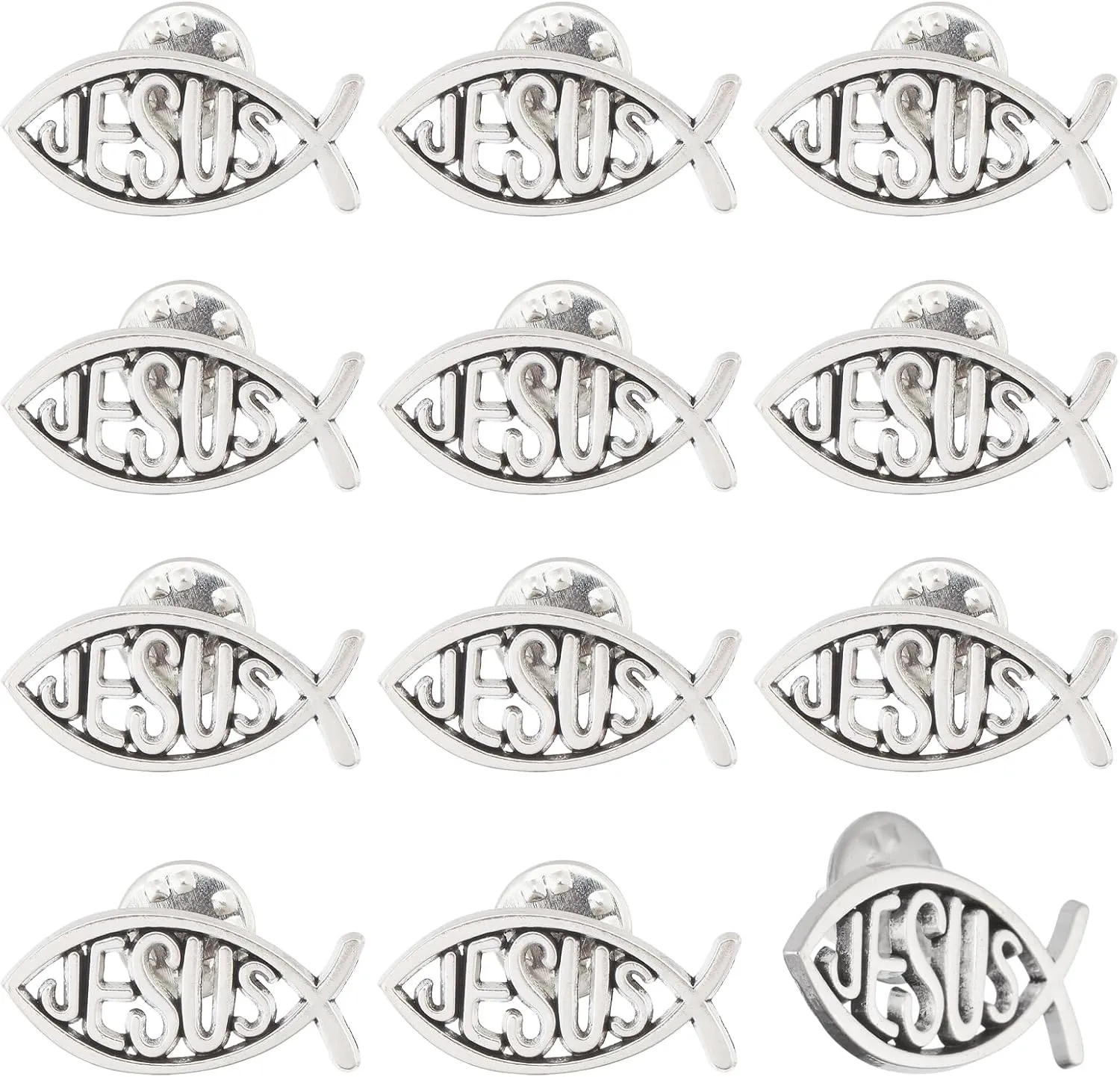 CHGCRAFT 12 Pcs Jesus Fish Brooch Alloy Pins Set Pin Coat Shirt Suit Collar Accessories Brooch Pin for Unisex, Antique Silver, 29.514mm