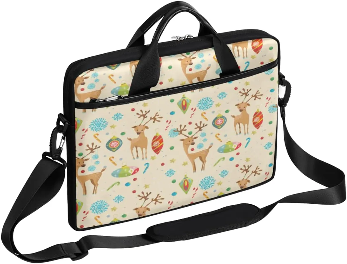 Christmas Elk Snowflakes Laptop Shoulder Messenger Bag Waterproof Laptop Briefcase with Handle and Padded Strap Case Sleeve for 13 13.3 14 15.6 Inch Laptop Case