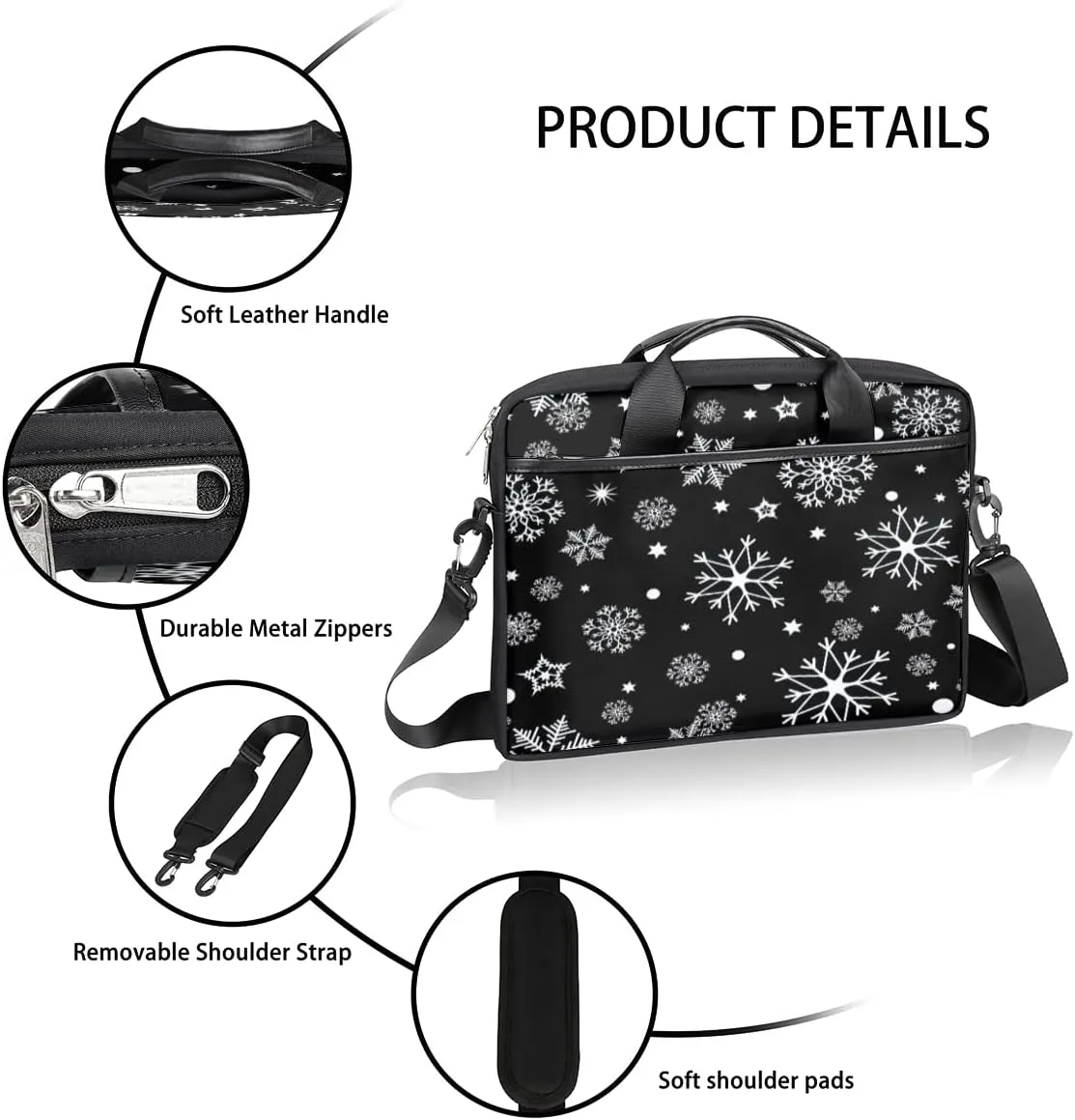 Christmas Winter White Snowflakes Laptop Shoulder Messenger Bag Waterproof Laptop Briefcase