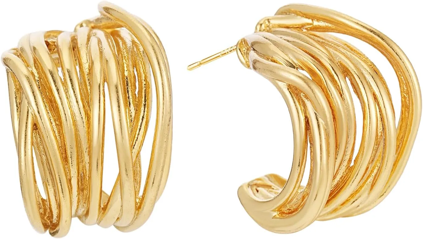 Chunky Gold Earrings 14K Gold Plated Statement Earrings for Women Trendy Hypoallergenic Textured Hoop Earring Ribbed Huggie Stud Earrings Jewelry Gifts
