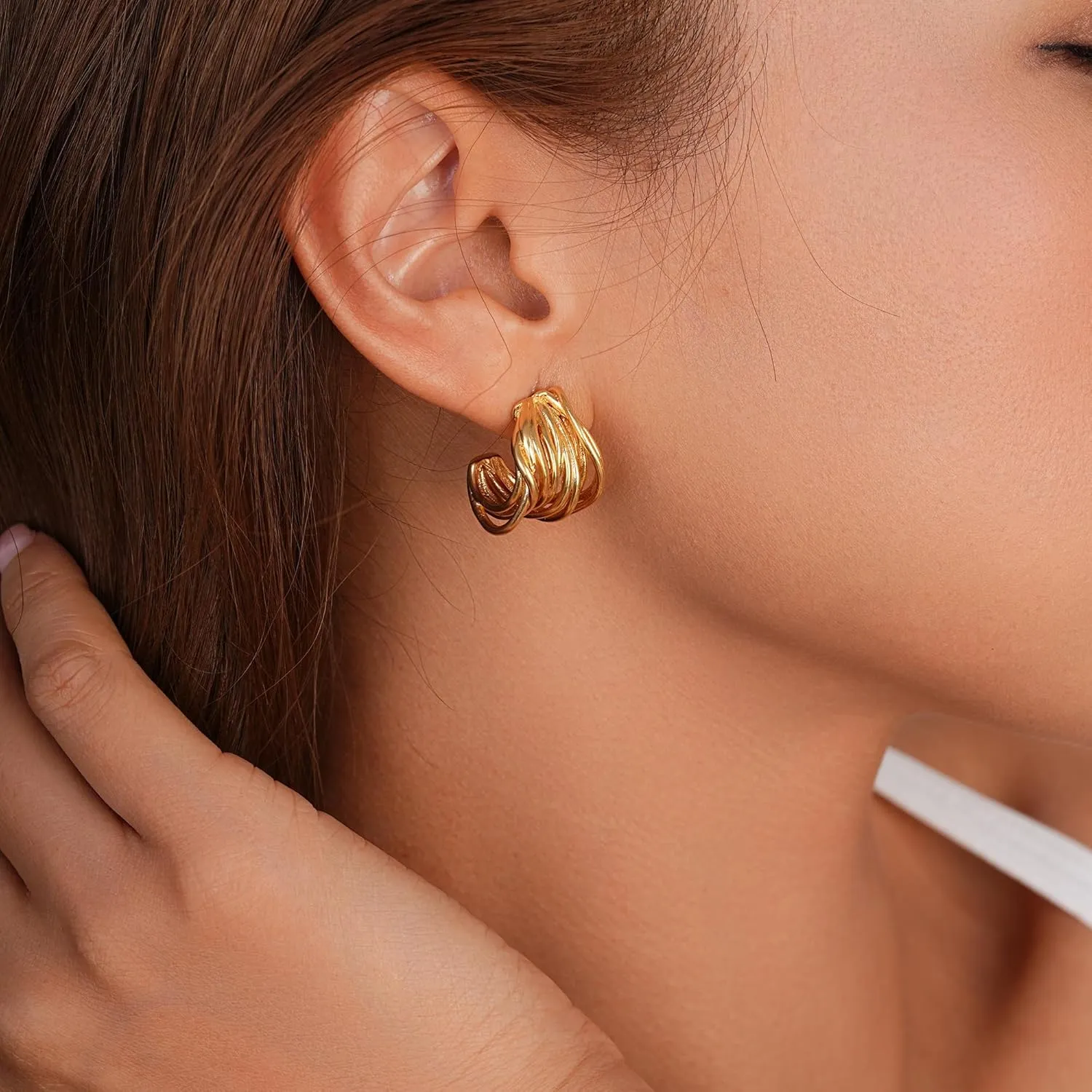 Chunky Gold Earrings 14K Gold Plated Statement Earrings for Women Trendy Hypoallergenic Textured Hoop Earring Ribbed Huggie Stud Earrings Jewelry Gifts