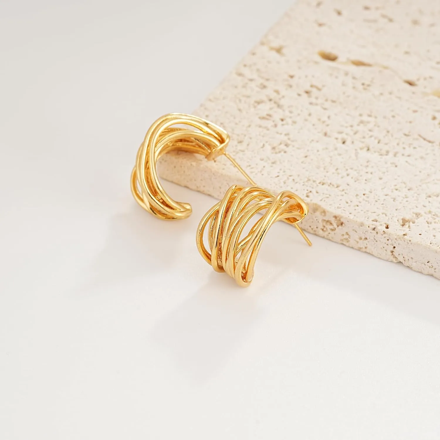 Chunky Gold Earrings 14K Gold Plated Statement Earrings for Women Trendy Hypoallergenic Textured Hoop Earring Ribbed Huggie Stud Earrings Jewelry Gifts