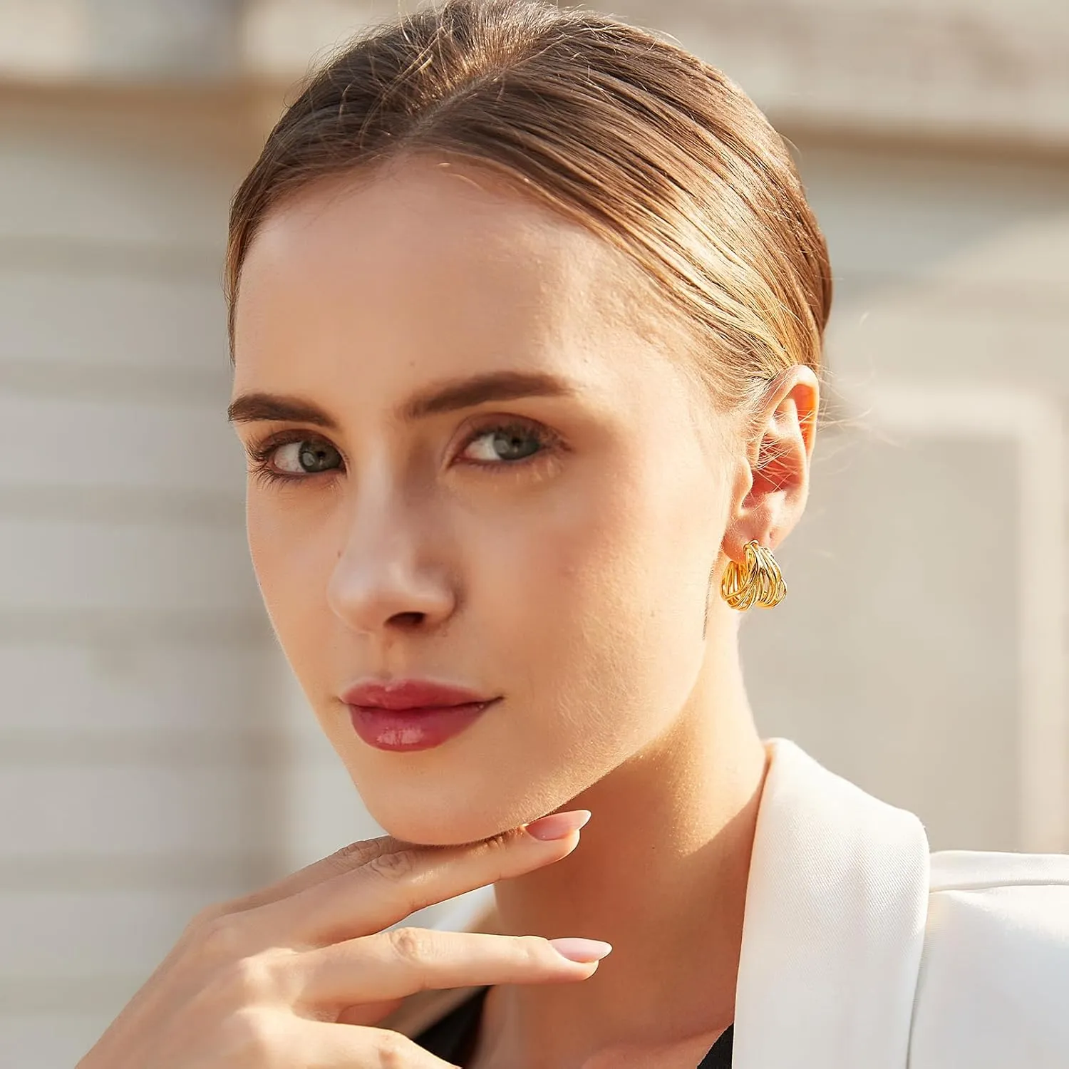 Chunky Gold Earrings 14K Gold Plated Statement Earrings for Women Trendy Hypoallergenic Textured Hoop Earring Ribbed Huggie Stud Earrings Jewelry Gifts