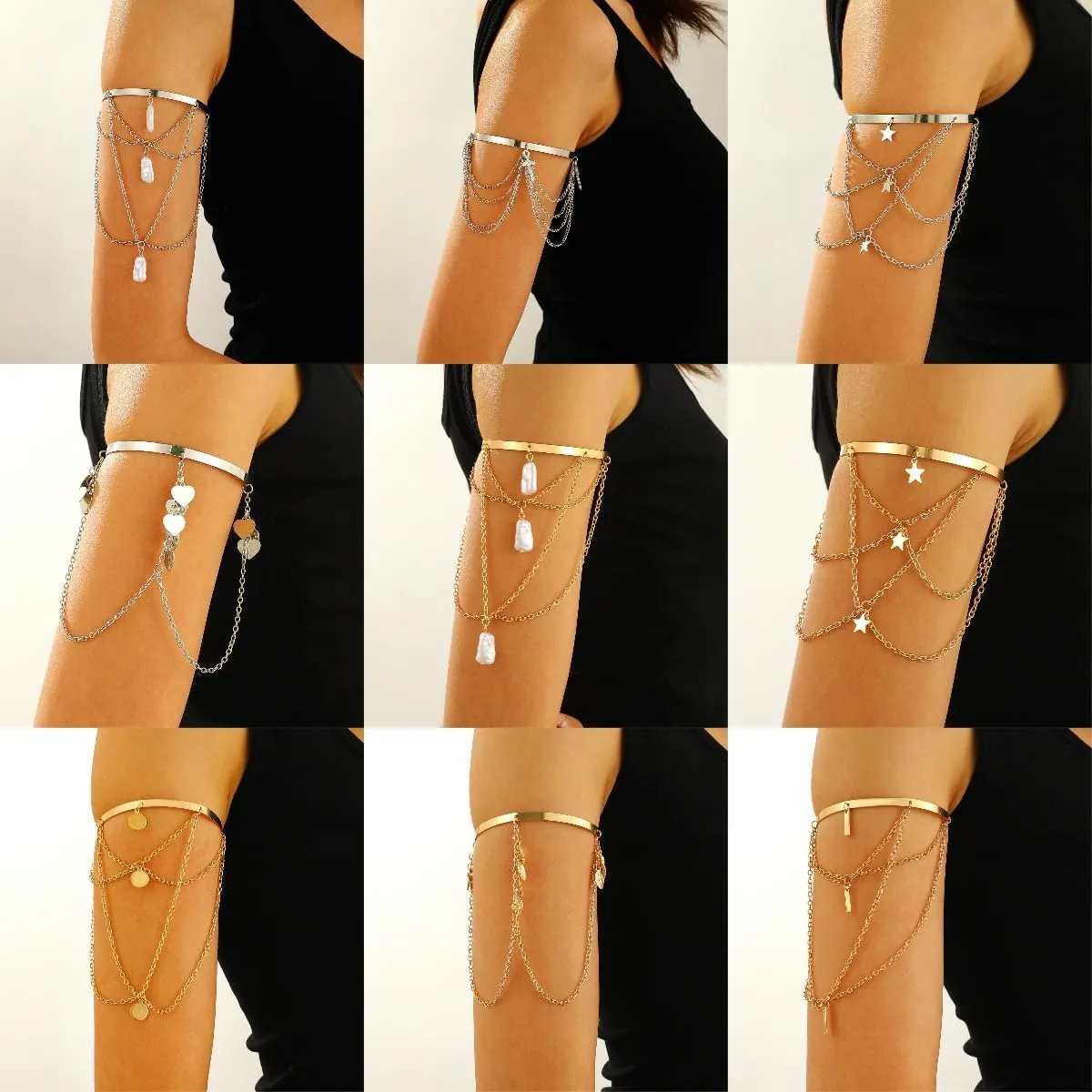 CJIAYUJEW Minimalist Gold Arm Cuff for Women - Layered Tassels Heart Rhinestone Pearl Bracelet Stackable Arm Bangle Jewelry