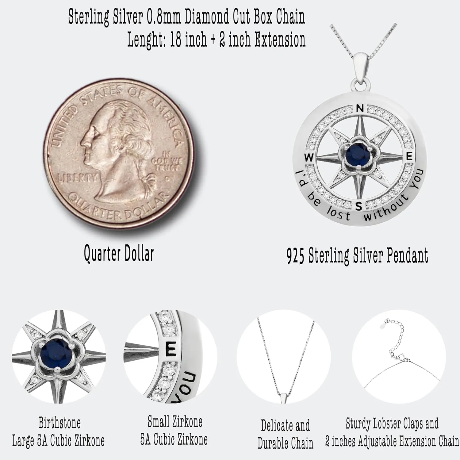 Compass Necklace for Women, Wife Anniversary Pendant, Sterling Silver 925 Birthstone Jewelry, Mothers Day Necklace, Girlfriend Birthday Gifts for Her Valentines