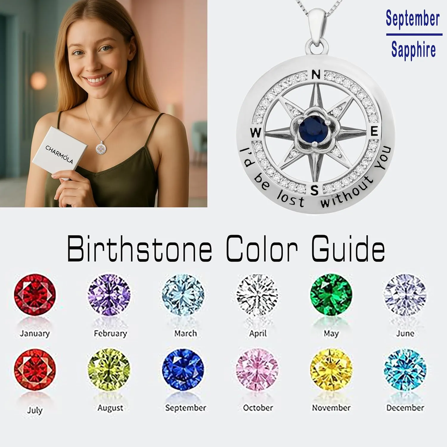 Compass Necklace for Women, Wife Anniversary Pendant, Sterling Silver 925 Birthstone Jewelry, Mothers Day Necklace, Girlfriend Birthday Gifts for Her Valentines
