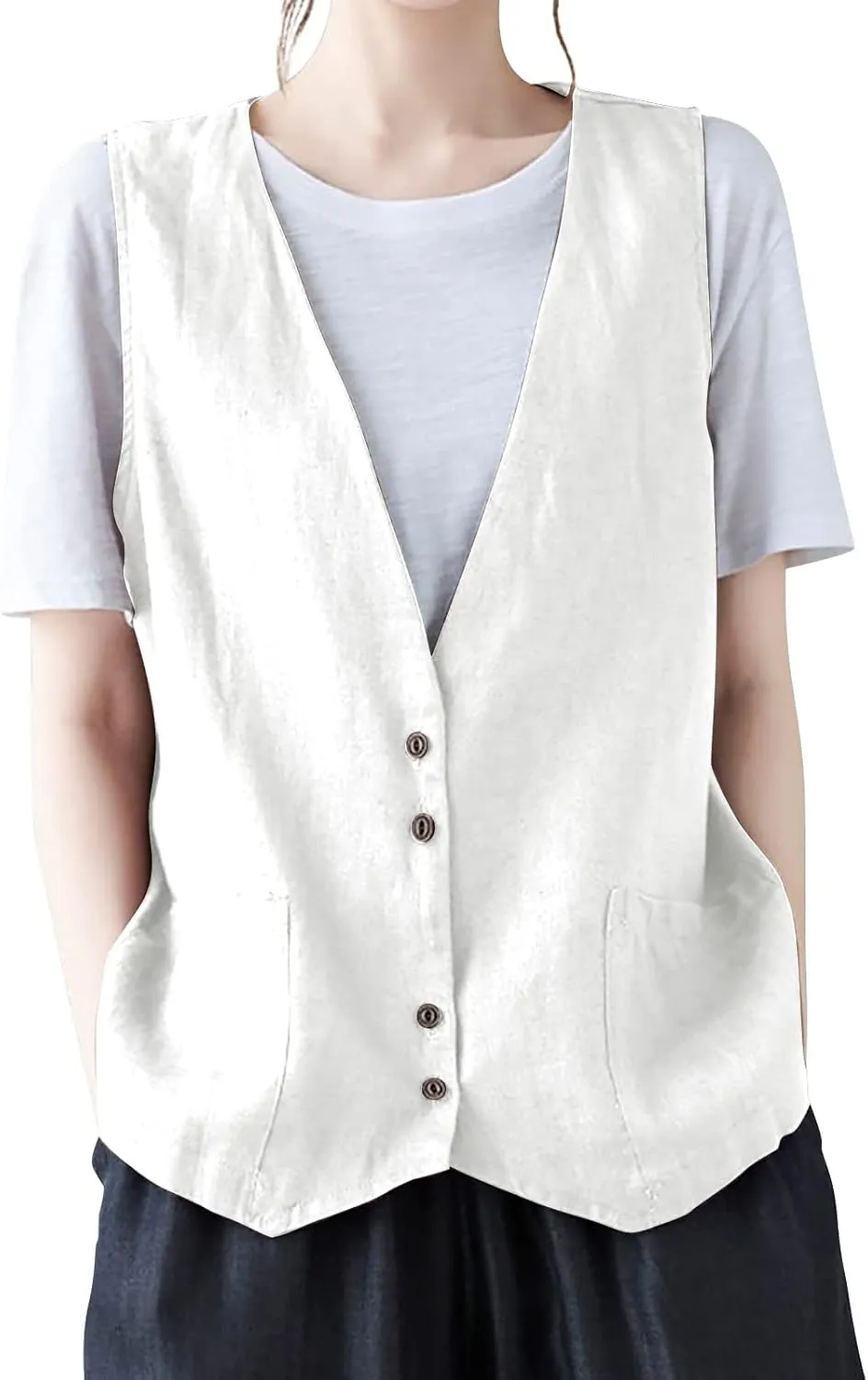 Cotton Linen Vests for Women 2023 Fashion Sleeveless Button Down Blazer Jacket Summer Casual Loose Vest Outerwear