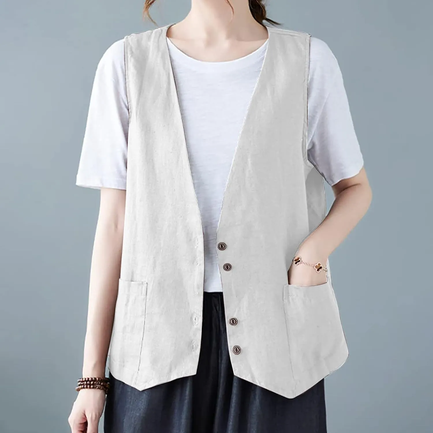 Cotton Linen Vests for Women 2023 Fashion Sleeveless Button Down Blazer Jacket Summer Casual Loose Vest Outerwear