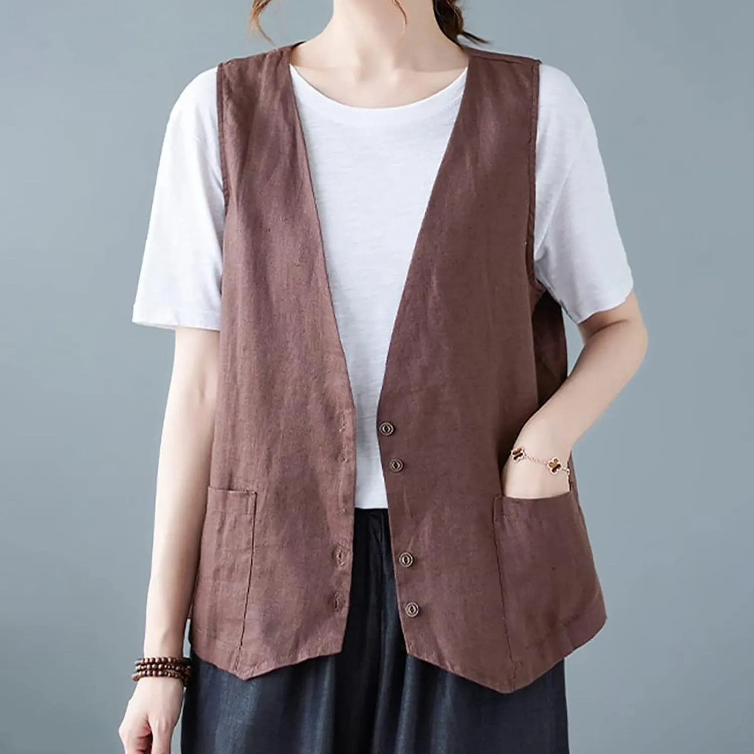 Cotton Linen Vests for Women 2023 Fashion Sleeveless Button Down Blazer Jacket Summer Casual Loose Vest Outerwear