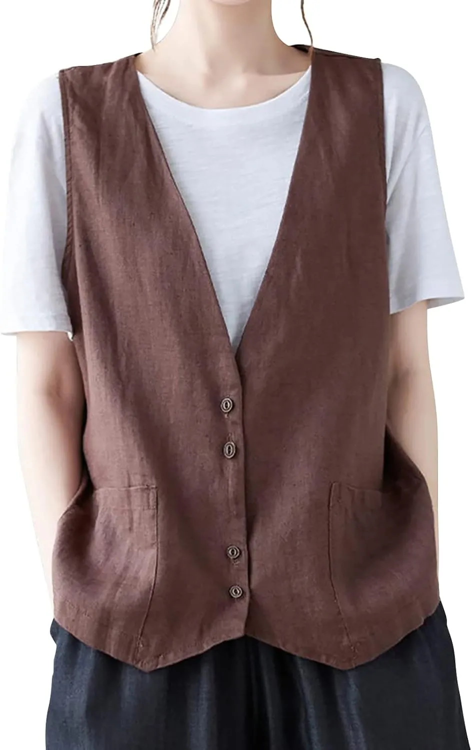 Cotton Linen Vests for Women 2023 Fashion Sleeveless Button Down Blazer Jacket Summer Casual Loose Vest Outerwear