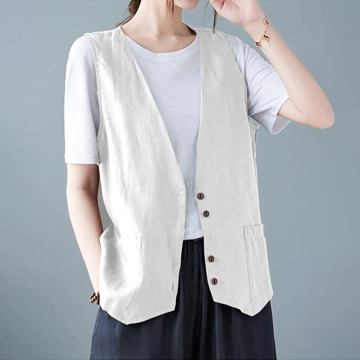 Cotton Linen Vests for Women 2023 Fashion Sleeveless Button Down Blazer Jacket Summer Casual Loose Vest Outerwear