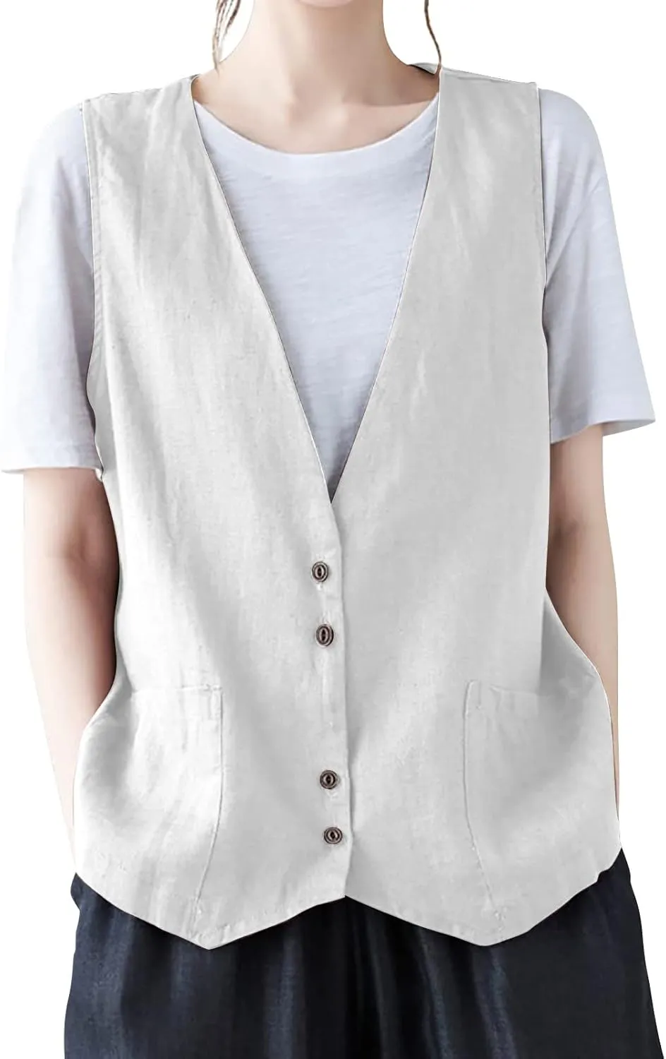 Cotton Linen Vests for Women 2023 Fashion Sleeveless Button Down Blazer Jacket Summer Casual Loose Vest Outerwear