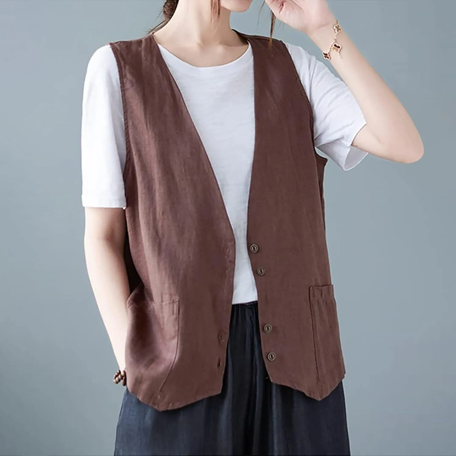 Cotton Linen Vests for Women 2023 Fashion Sleeveless Button Down Blazer Jacket Summer Casual Loose Vest Outerwear