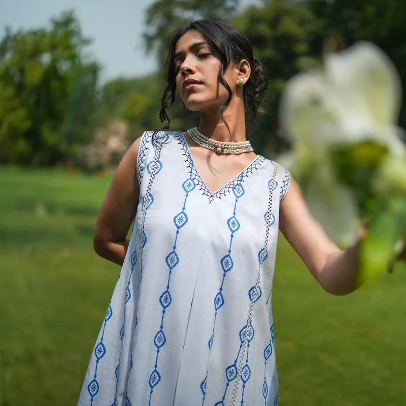 Cotton Sleeveless White Kurta for Women | Handblock Print