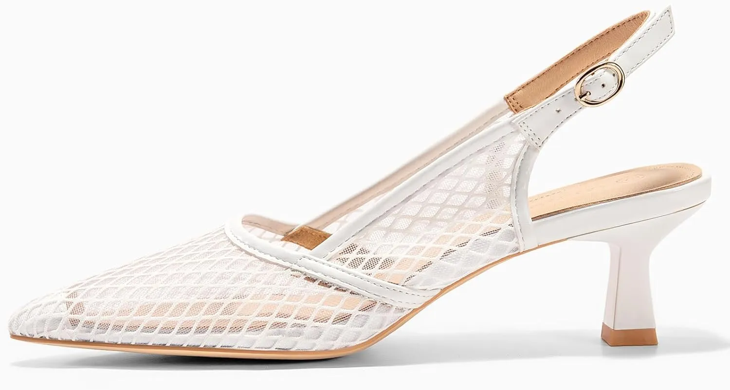 Coutgo Women's Slingback Kitten Low Heels Mesh Pumps Closed Pointed Toe Wedding Work Dress Shoes