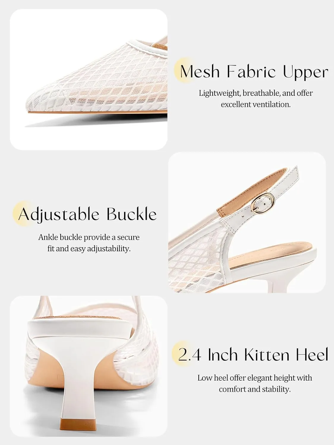 Coutgo Women's Slingback Kitten Low Heels Mesh Pumps Closed Pointed Toe Wedding Work Dress Shoes