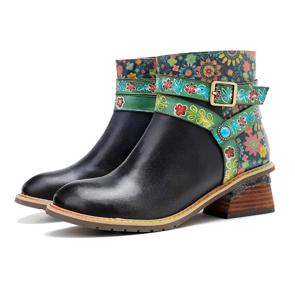 CrazycatZ Womens  Boots Bohemian Block Heels Leather Boots Colorful Leather Ankle Boots Black