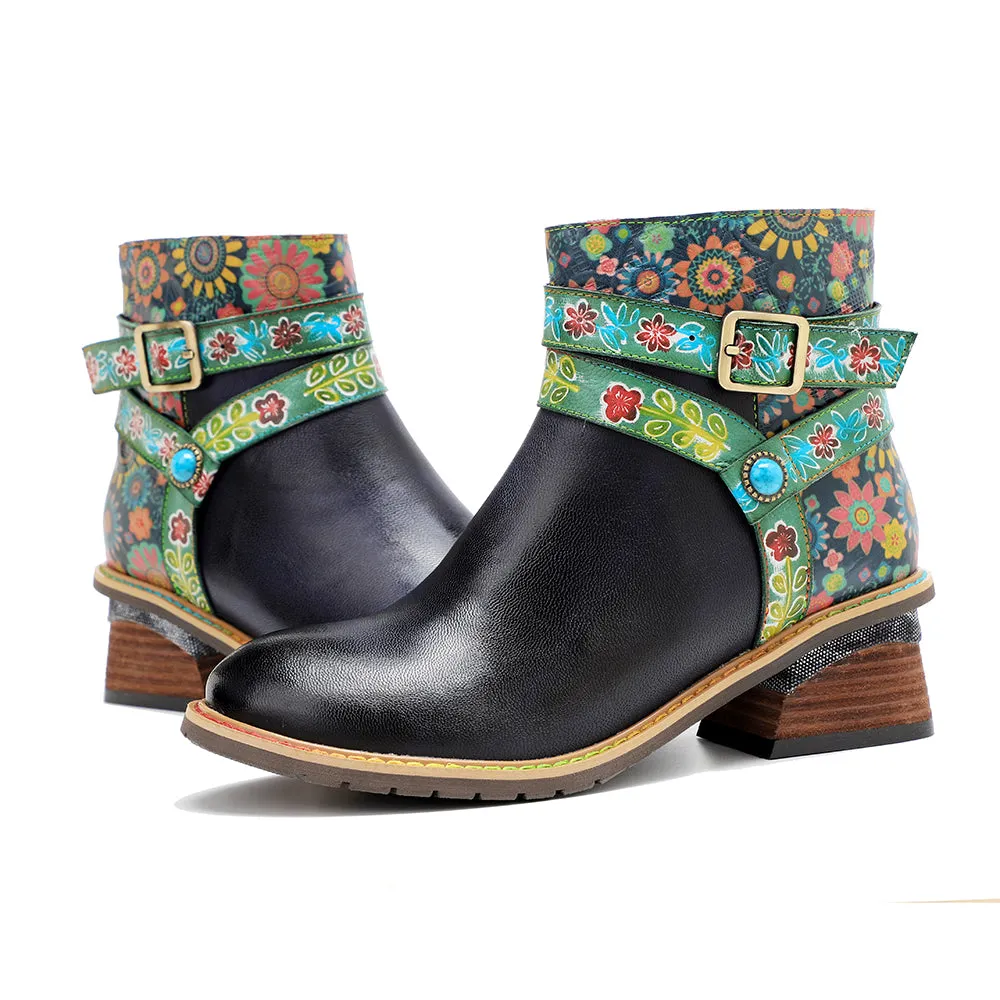 CrazycatZ Womens  Boots Bohemian Block Heels Leather Boots Colorful Leather Ankle Boots Black