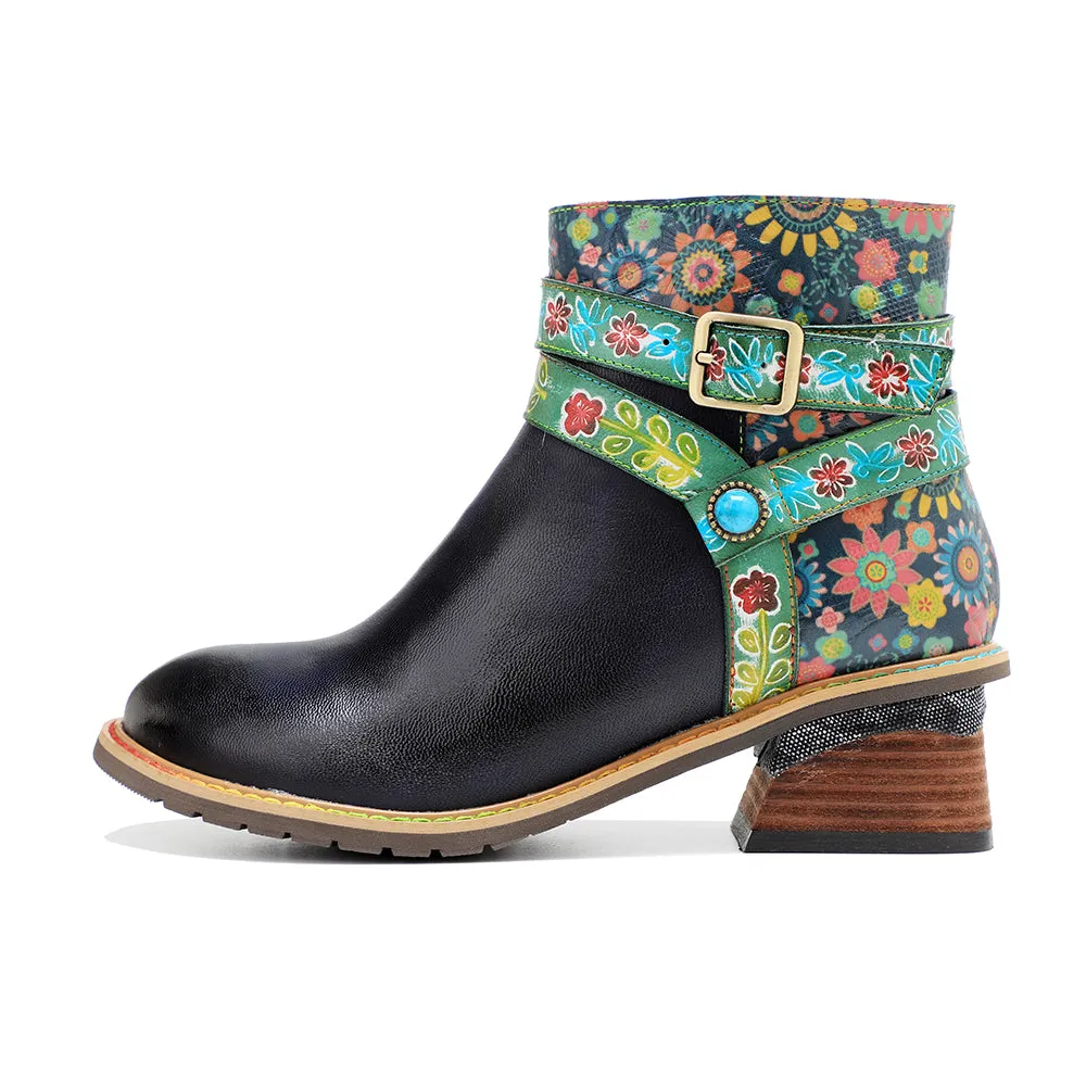 CrazycatZ Womens  Boots Bohemian Block Heels Leather Boots Colorful Leather Ankle Boots Black