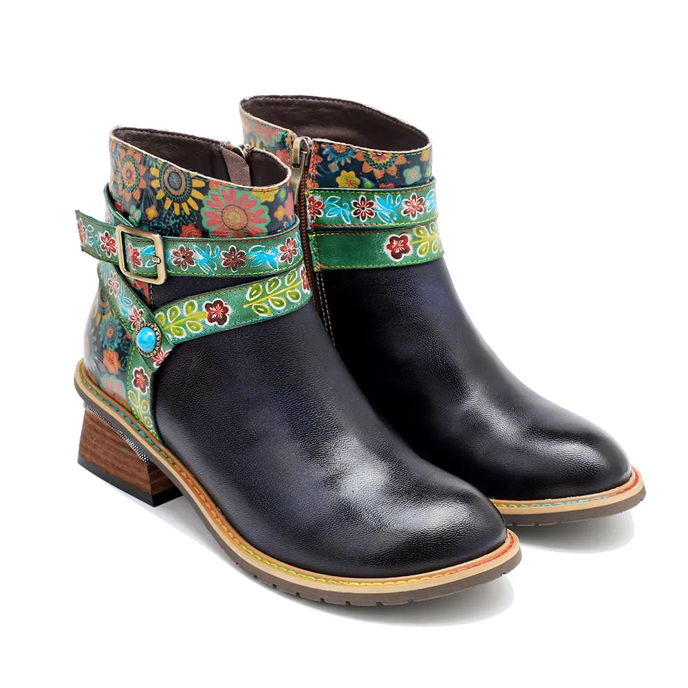 CrazycatZ Womens  Boots Bohemian Block Heels Leather Boots Colorful Leather Ankle Boots Black
