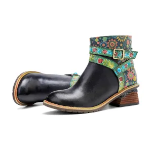 CrazycatZ Womens  Boots Bohemian Block Heels Leather Boots Colorful Leather Ankle Boots Black